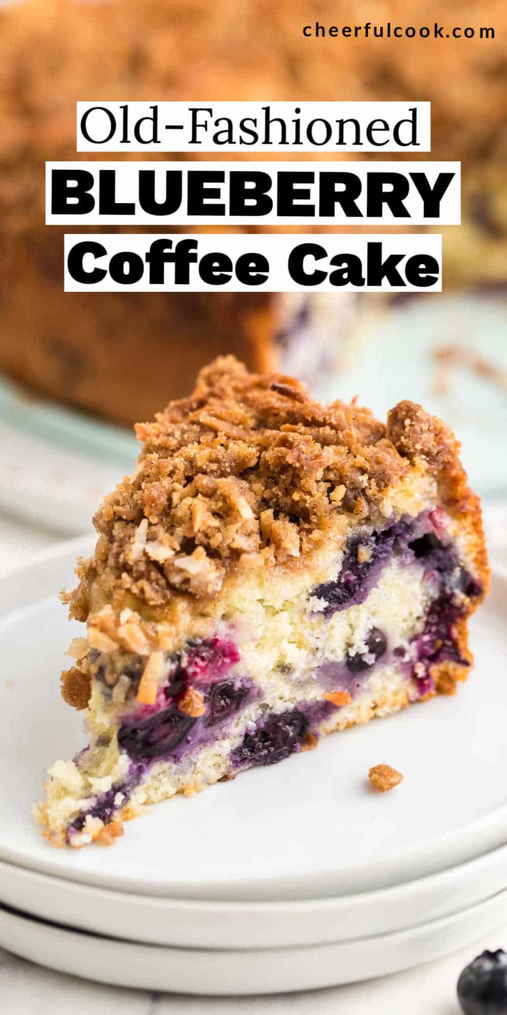 This heavenly, old-fashioned tender Blueberry Coffee Cake is loaded with fresh blueberries and topped with an insanely delicious cinnamon and coconut streusel topping. It's the kind of recipe that gets passed down from generation to generation, because it's just THAT GOOD. Easy Blueberry Coffee Cake | Blueberry Breakfast Cake #cheerfulcook #blueberrycoffeecake #blueberries #recipe #best #dessert #breakfast via @cheerfulcook