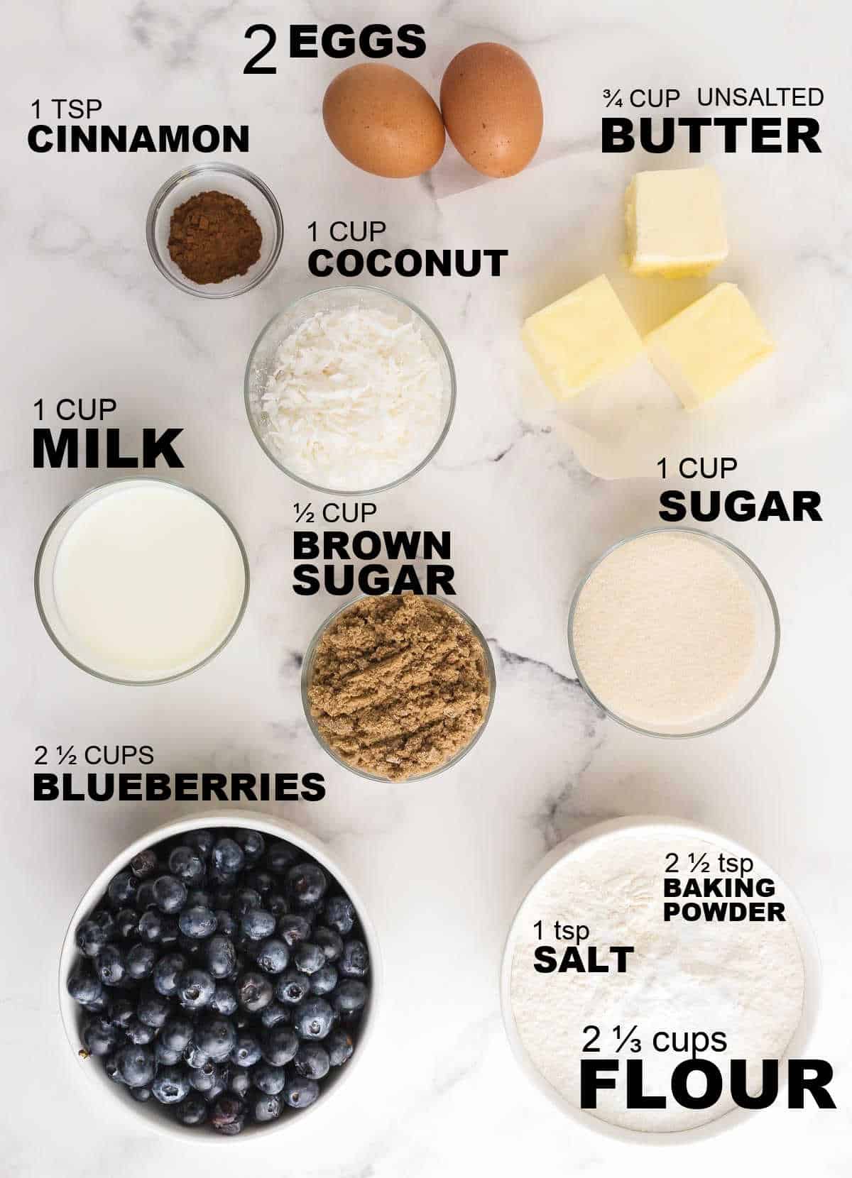 Ingredients need to make a Blueberry Coffee Cake.