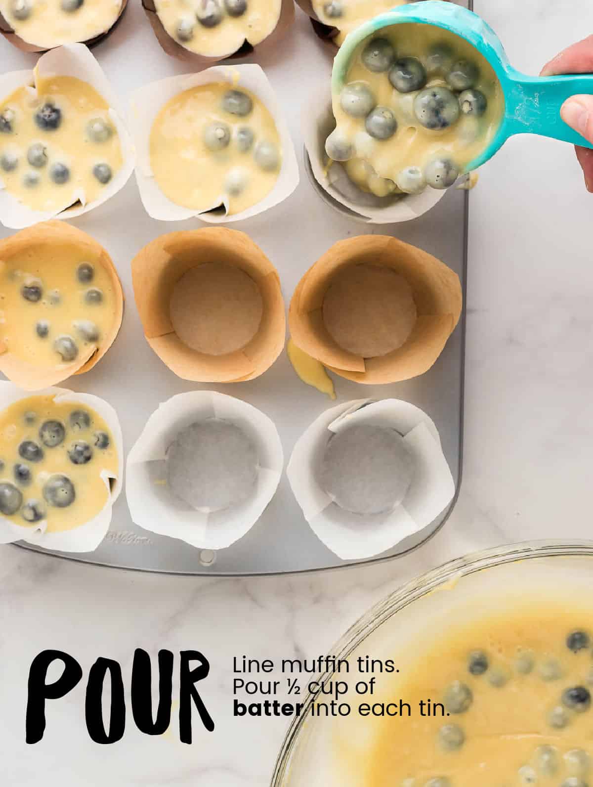 Process Step: Fill the batter into the lined muffin tins.