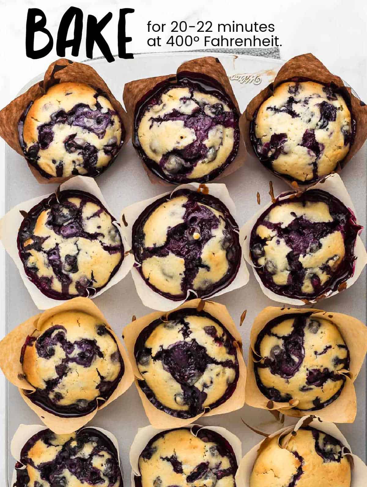 Process Step: Bake the muffins at 400º Fahrenheit for 20 minutes.