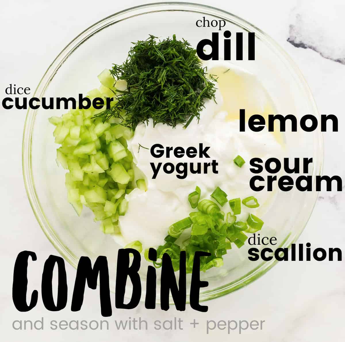 combining all of the prepared ingredients in large bowl to make an easy Cucumber Dip