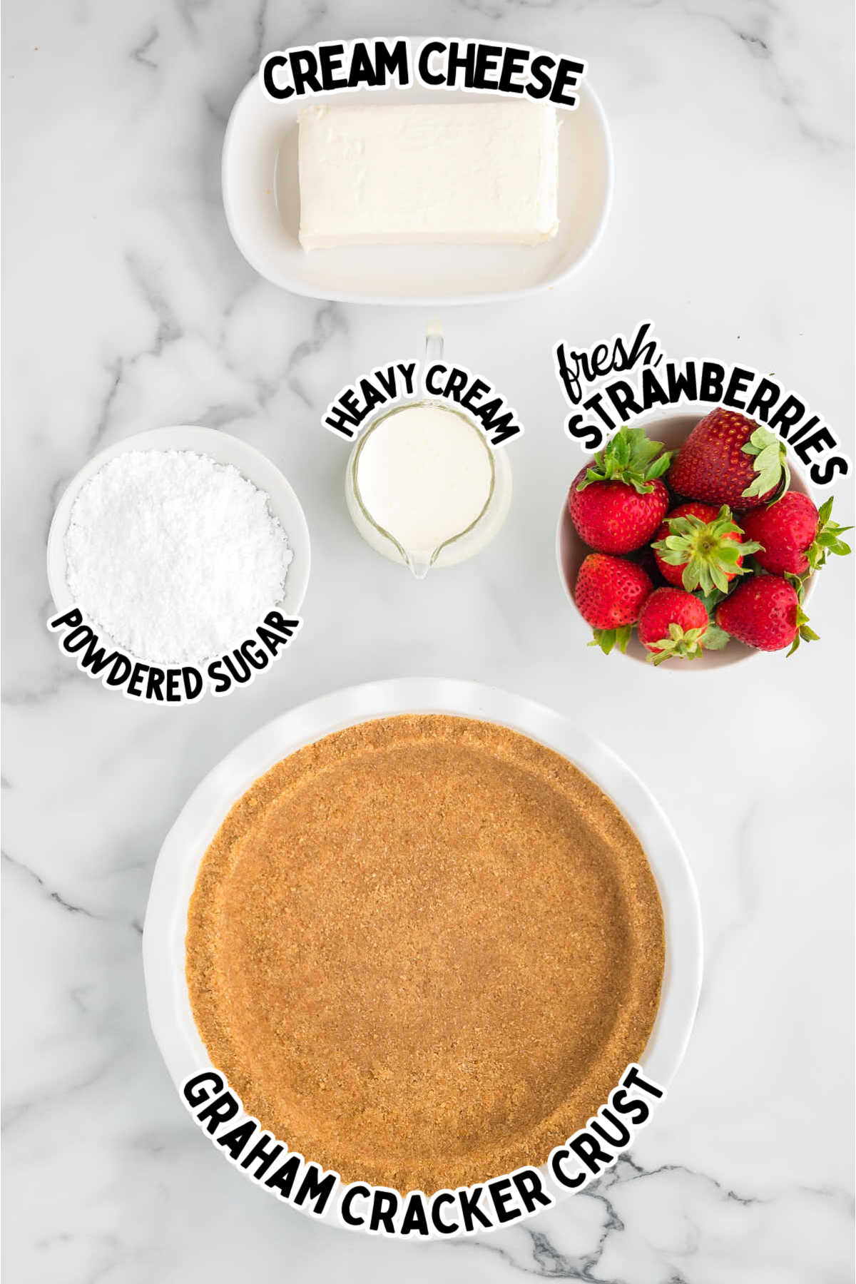 Ingredients needed to make a No-Bake Creamy Strawberry Pie.