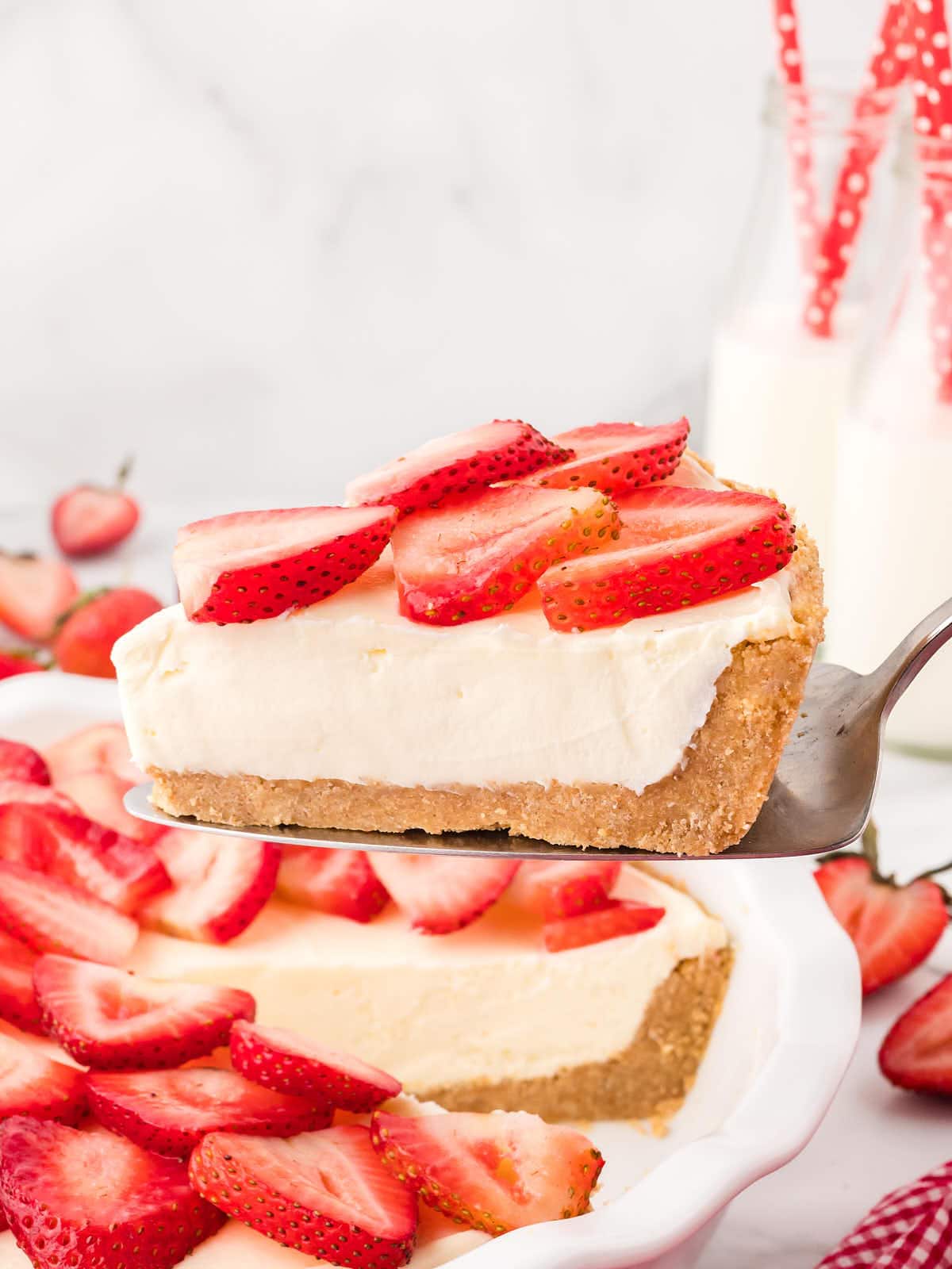 Closeup of slice of no-bake creamy Strawberry Pie.