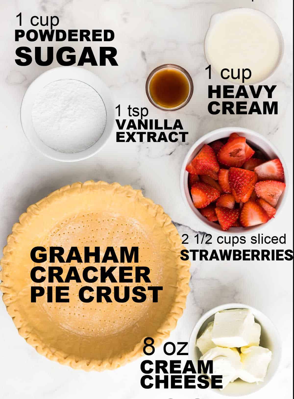 Ingredients needed to make a creamy Strawberry Pie. 