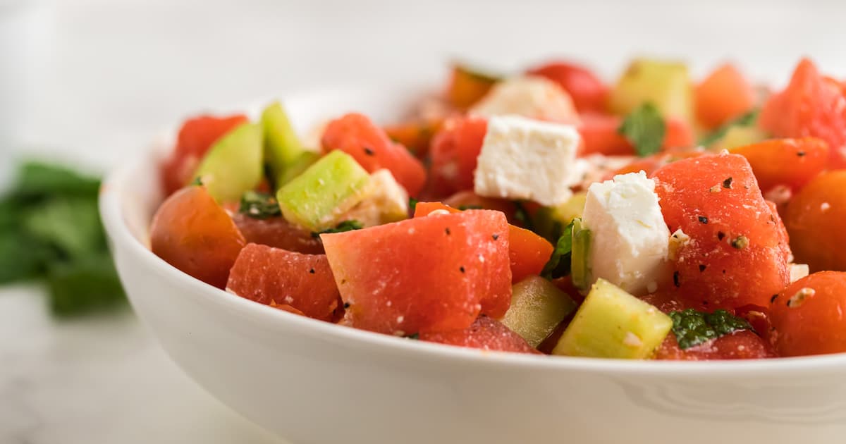 closeup of a freshly made Watermelon, Feta, and Mint Salad
