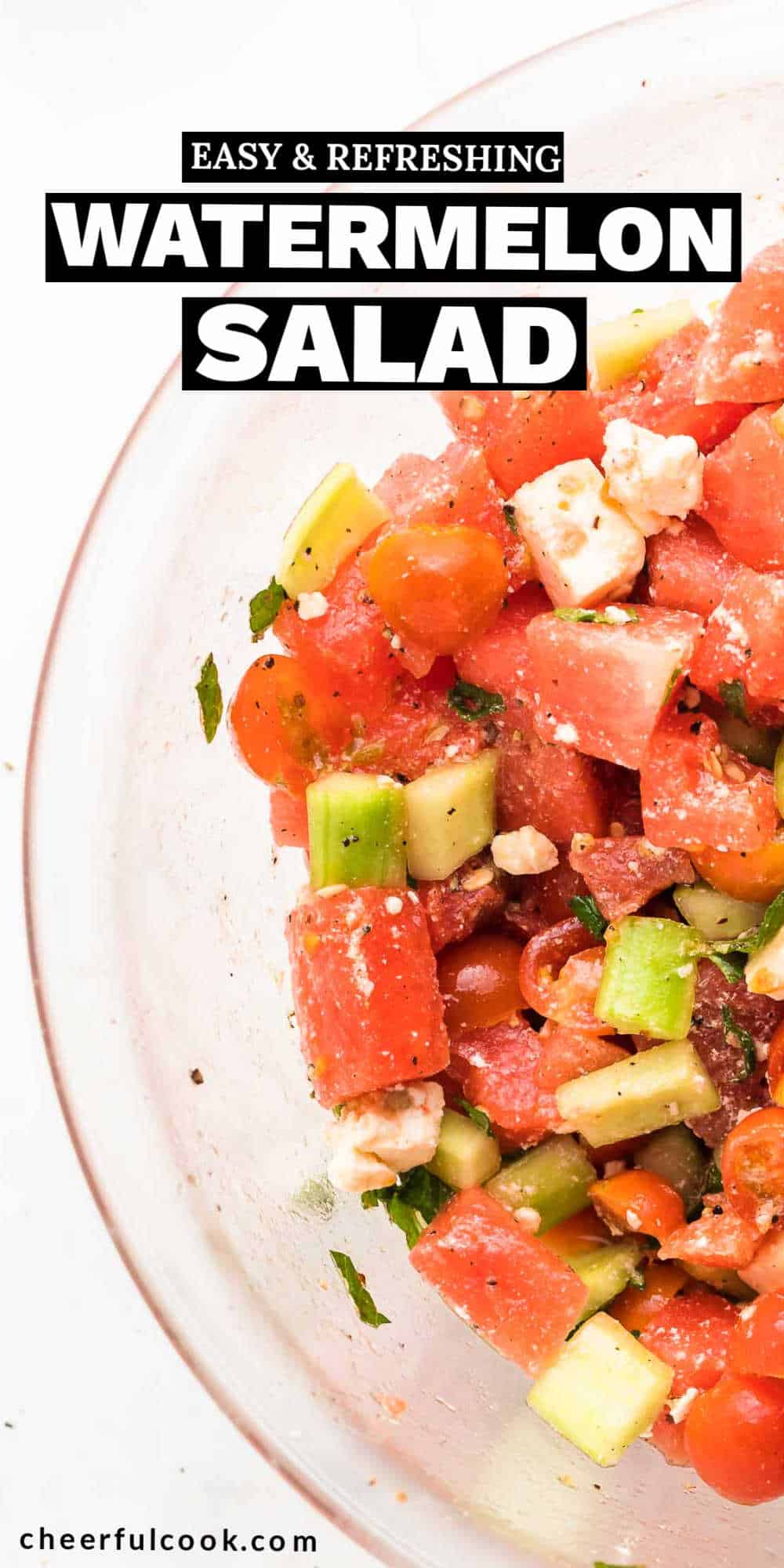 Watermelon Salad is an easy and refreshing summer salad! Made with juicy watermelon, tomatoes, crunchy cucumber, salty feta, and a splash of lemon. Easy Watermelon Salad Recipe #cheerfulcook #watermelon #salad #recipe
 via @cheerfulcook