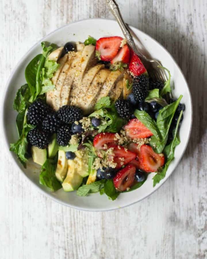 Berry Chicken Salad With Honey Balsamic Dressing in a white bowl