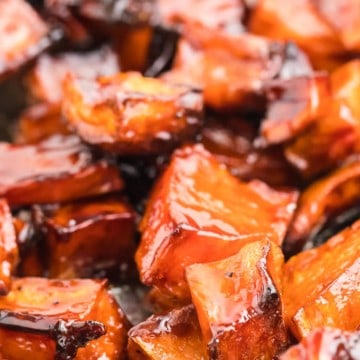 closeup of candied sweet potatoes fresh from the oven