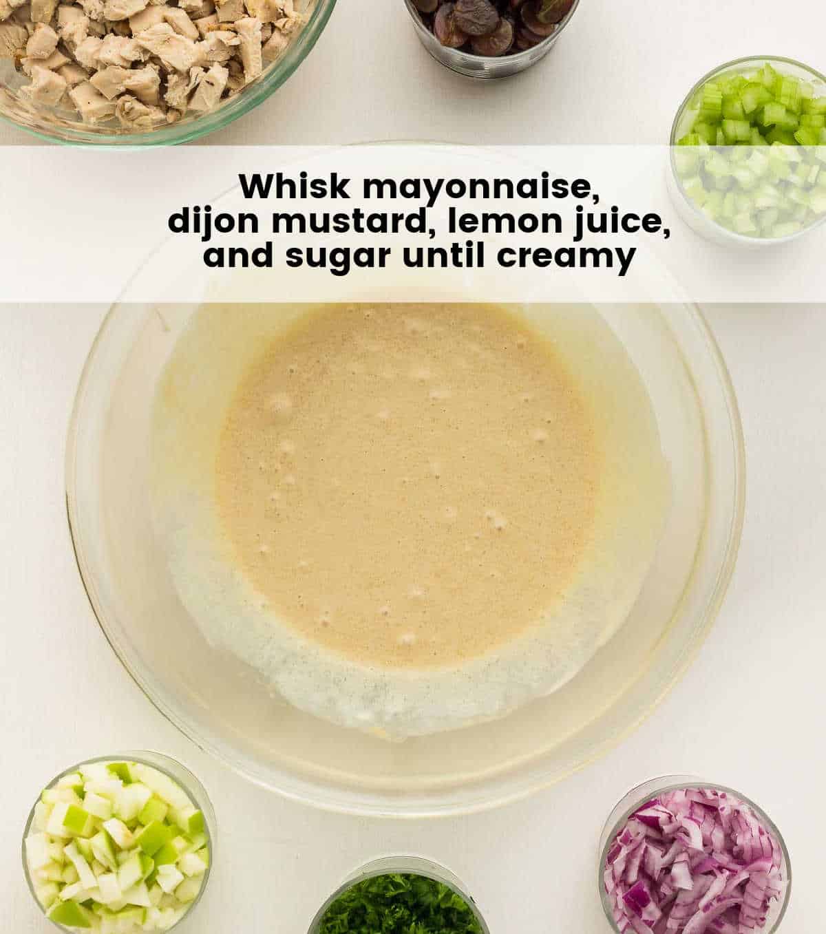 whisked mayonnaise, lemon, sugar, and dijon mustard in a glass bowl