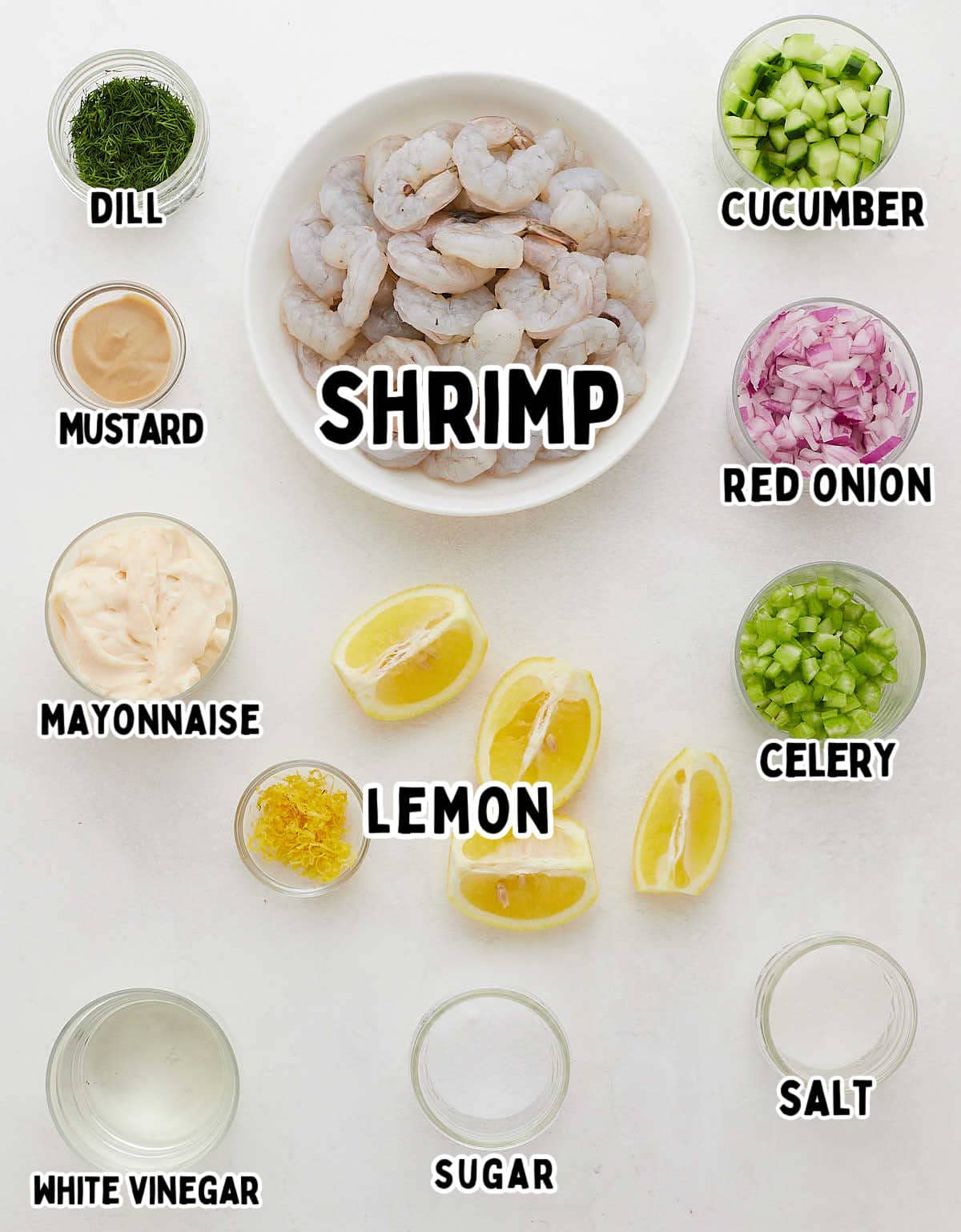 Ingredients needed to make Shrimp Salad.