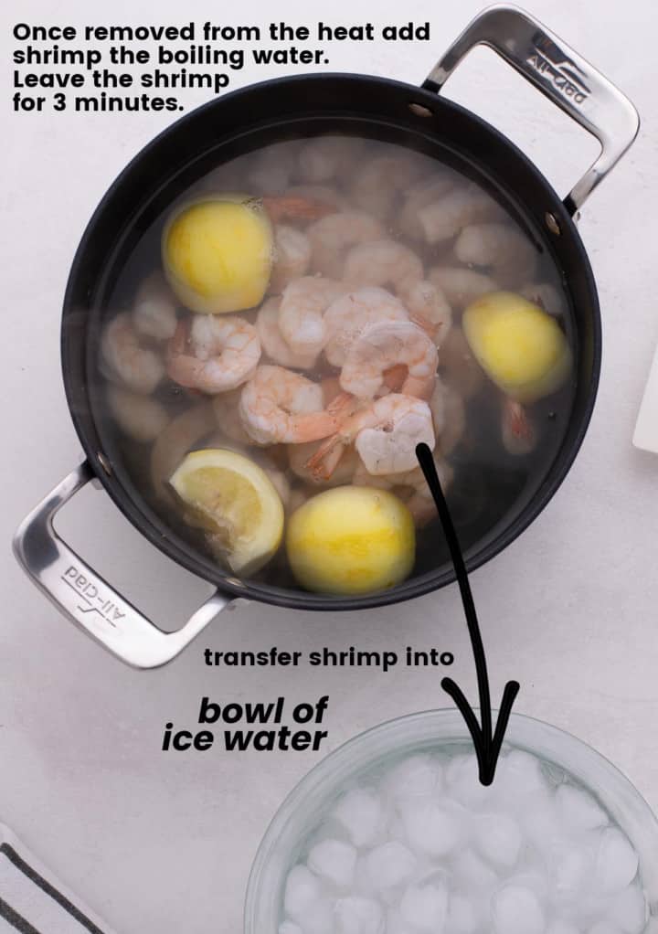 process step: boiling water in a medium pot removed from heat and with the shrimp add (for 3 minutes), arrow to a bowl with ice water in which the shrimp get dipped after being in the boiling water mixture