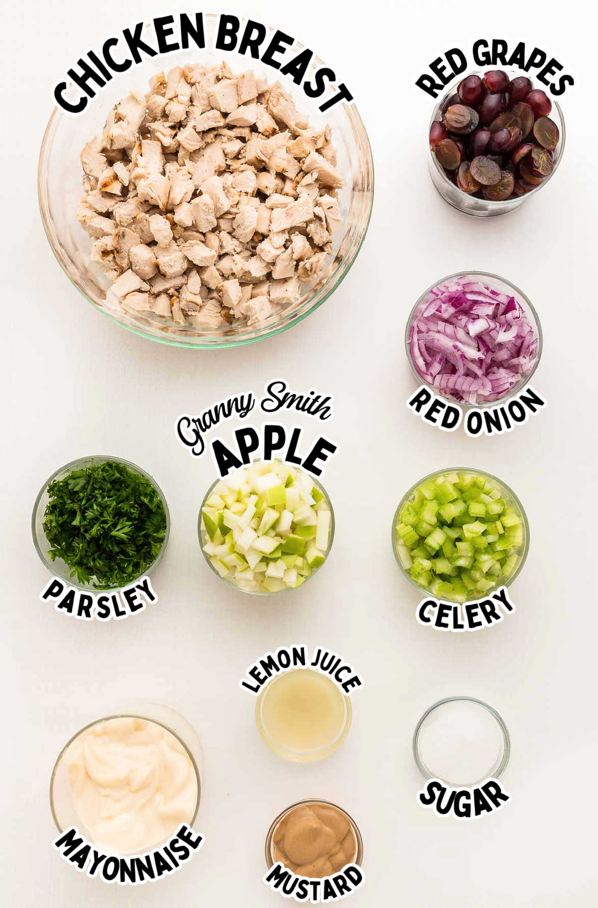 Ingredients needed to make a classic Chicken Salad.
