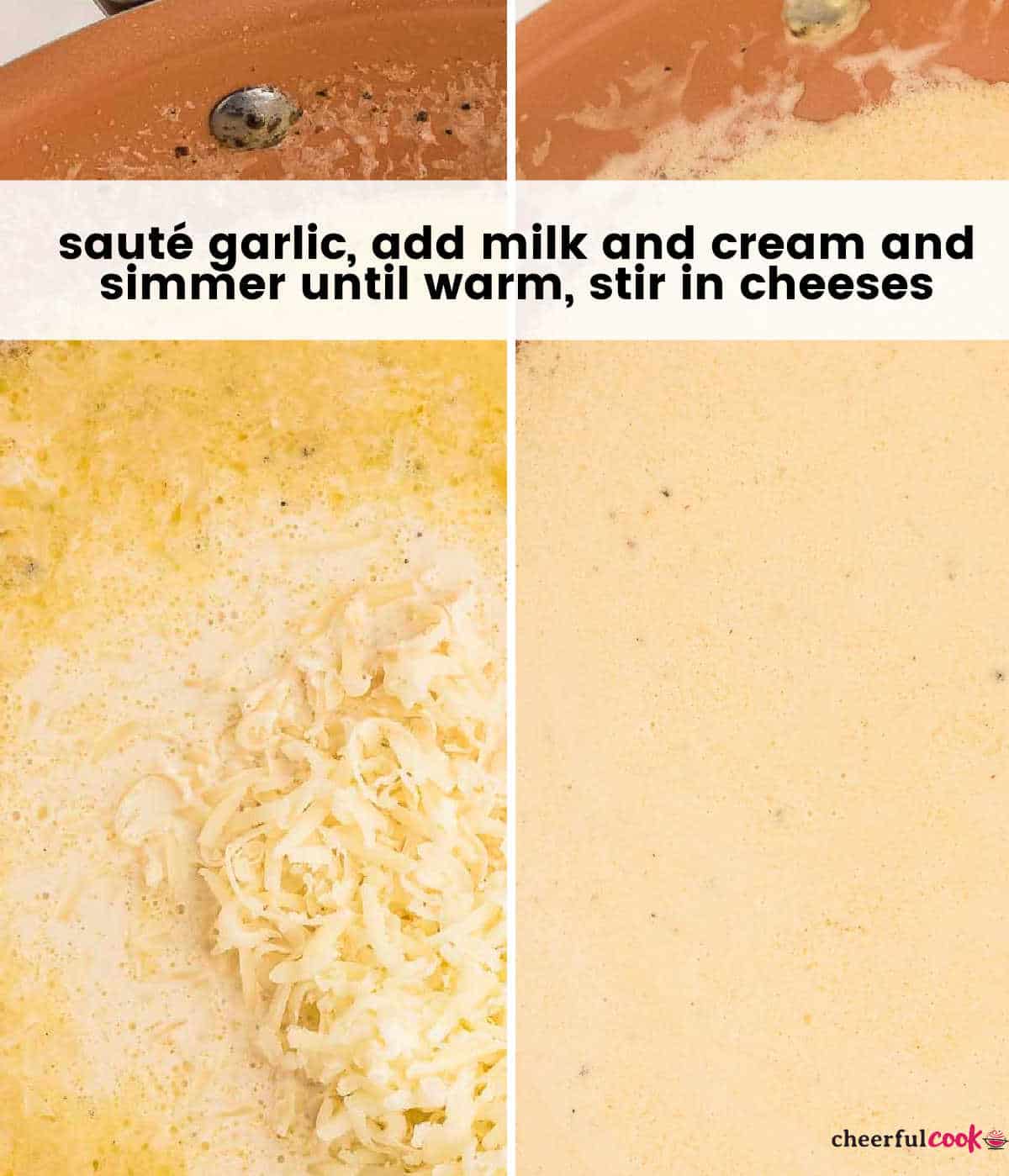 collage: chicken alfredo sauce before and after adding the grated cheese