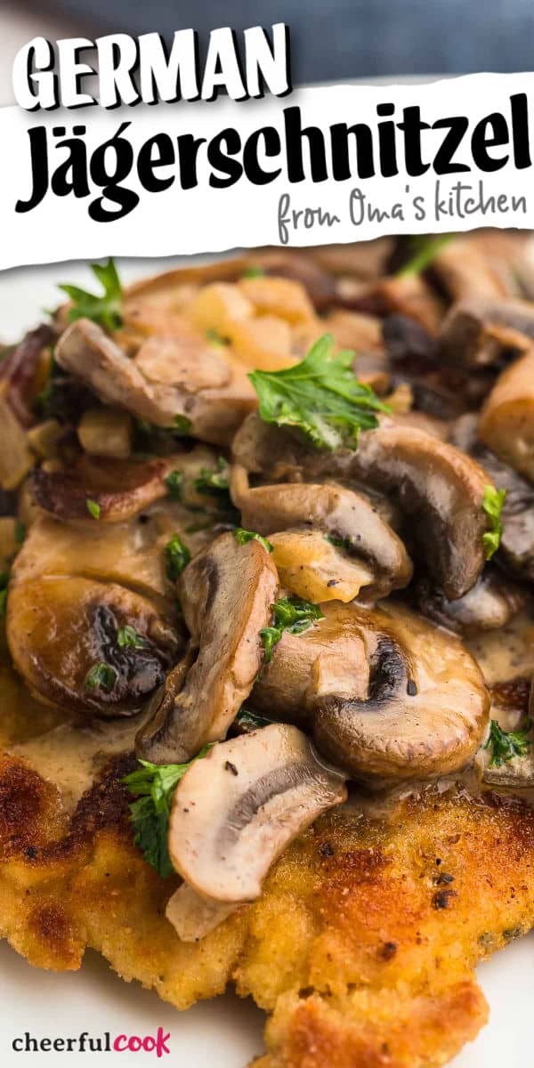 This classic German dish is hearty comfort food made of perfectly crunchy golden pork schnitzels topped with deliciously rich mushroom gravy. Make this satisfying dish in just under an hour using only one pan. #cheerfulcook #schnitzel #german #oktoberfest #mushroomsauce via @cheerfulcook