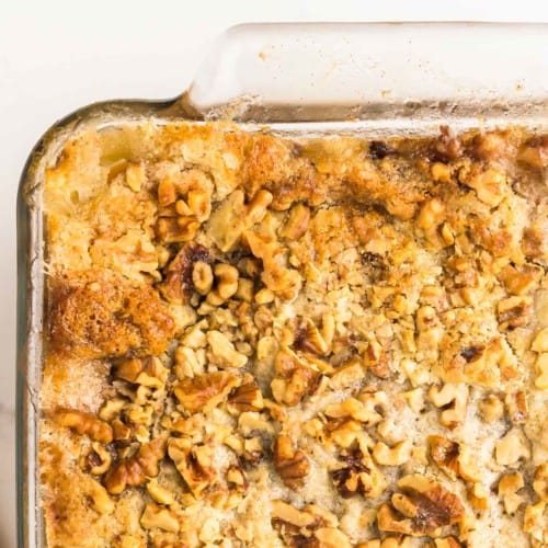 Peach Dump Cake in a glass baking dish.