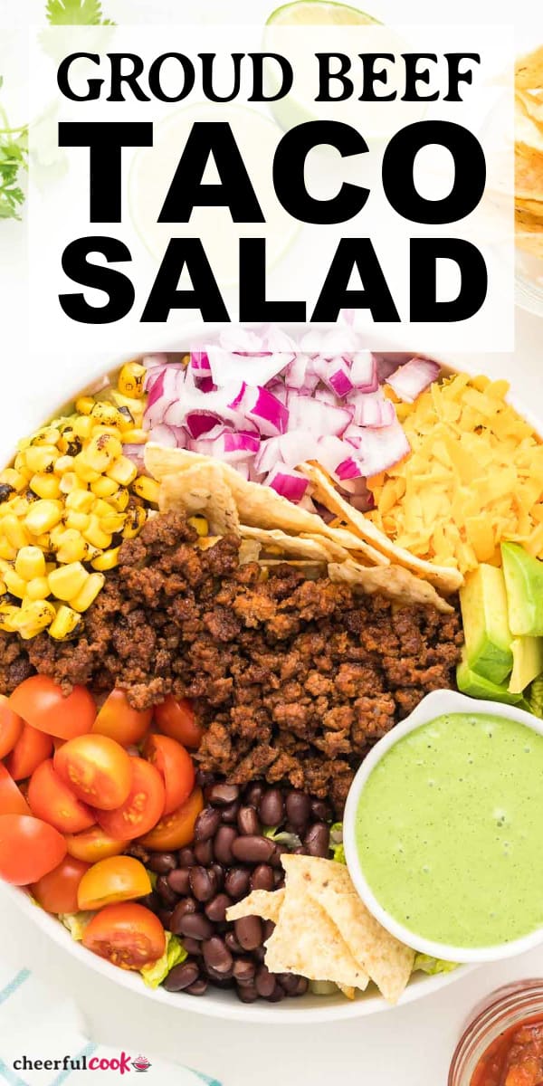 This ridiculously delicious Taco Salad with creamy Cilantro Lime dressing recipe is loaded with all the good stuff of traditional tacos but is easier to make and is a lot less messy. Great for making ahead for an easy weekday lunch or dinner. Customize it to your heart’s content and make your taco Tuesdays even more exciting! #cheerfulcook #tacosalad #taco #groundbeef #recipe via @cheerfulcook