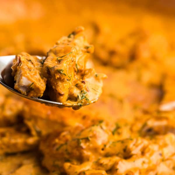 a spoonful of freshly prepared paprika chicken