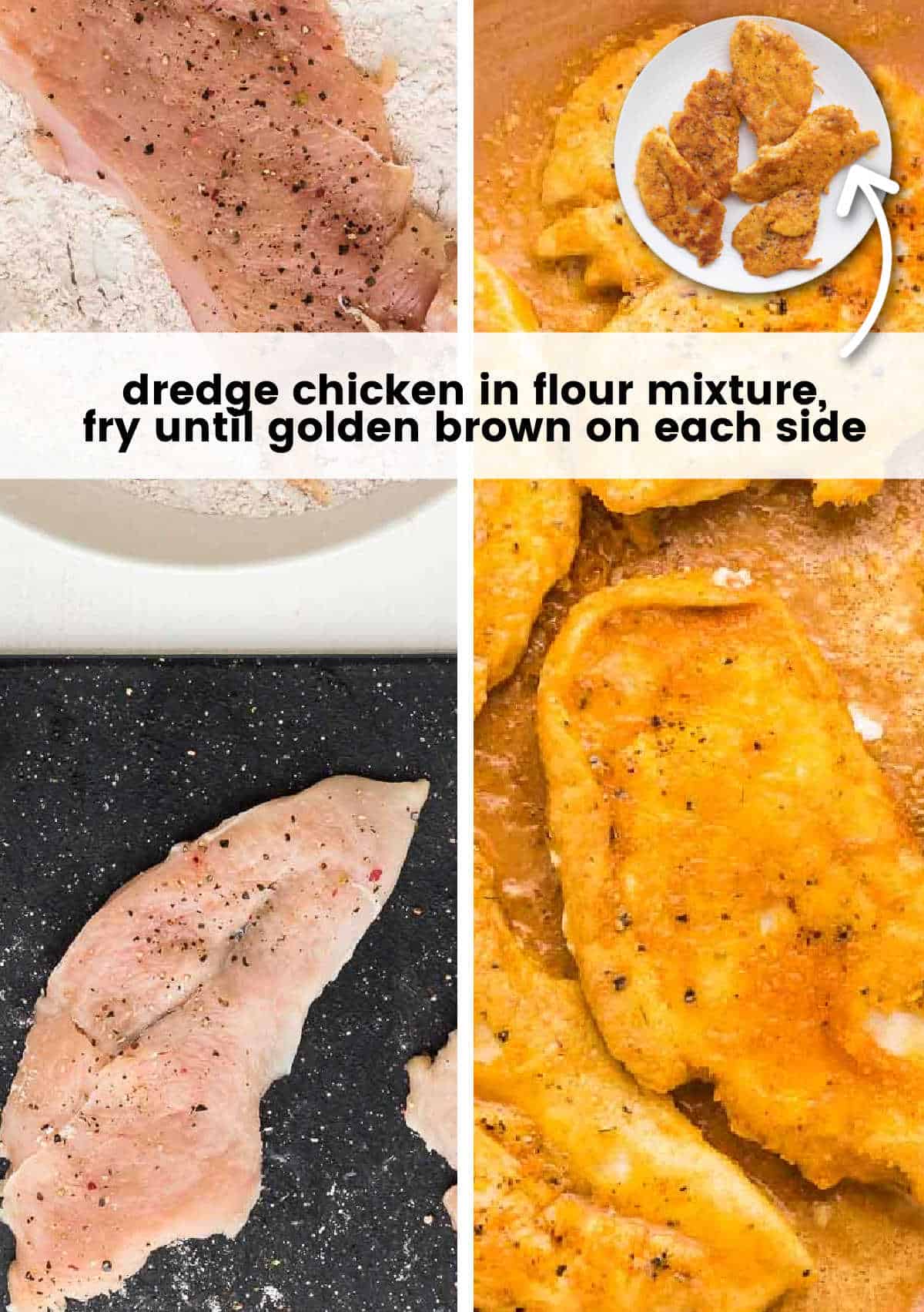 process step collage: breading and frying chicken