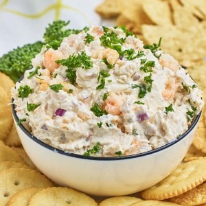 Creamy Shrimp Dip in a white bowl with crackers.