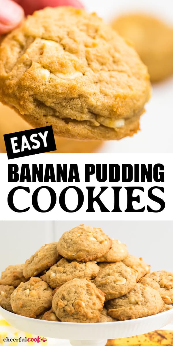 This Banana Pudding Cookie recipe makes chewy, moist, and utterly delicious treats. It's easy and quick to prepare and the cookies taste great! #cheerfulcook #cookies #bananapuddingcookies #recipe #easy via @cheerfulcook