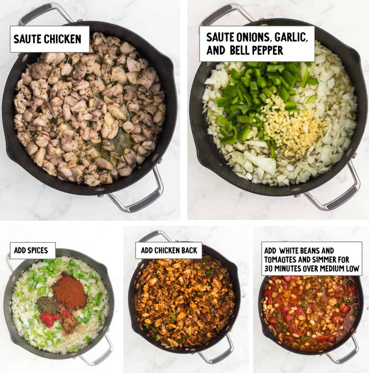 step-by-step collage showing how to make chicken chili