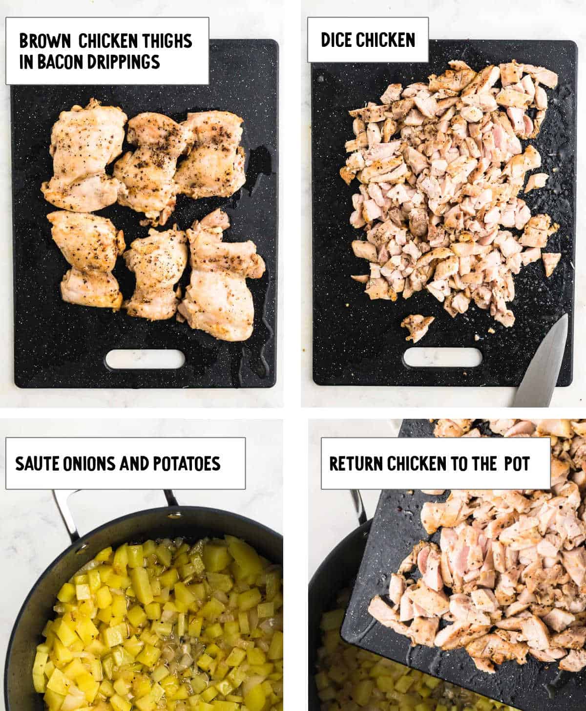 Process steps illustrating how to make Chicken Potato Soup.
