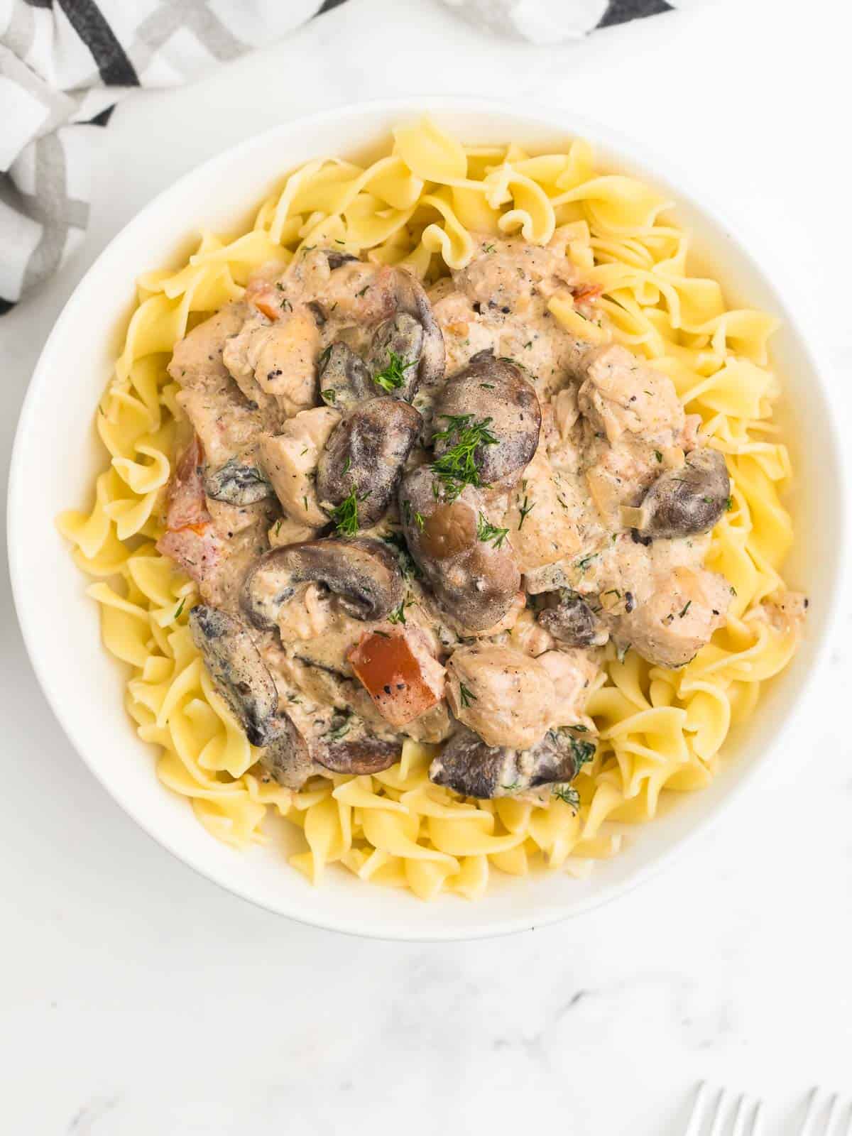 Chicken Stroganoff served over egg noodles on a white plate. 