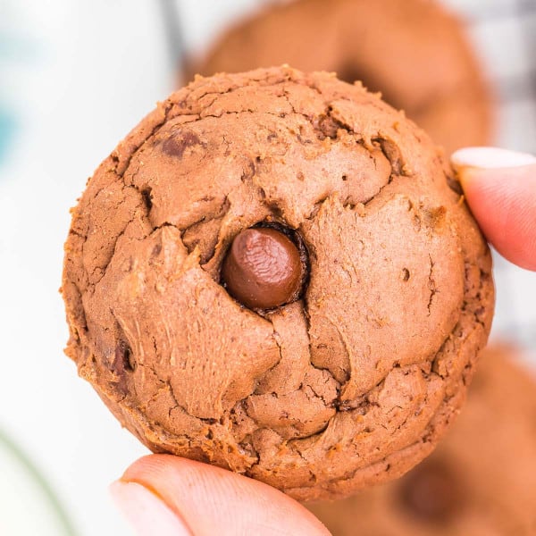 closeup of a freshly baked double chocolate chip cookie