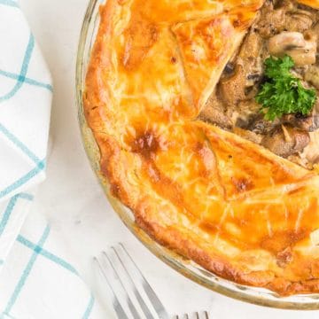 top down view of a mushroom pie fresh from the oven