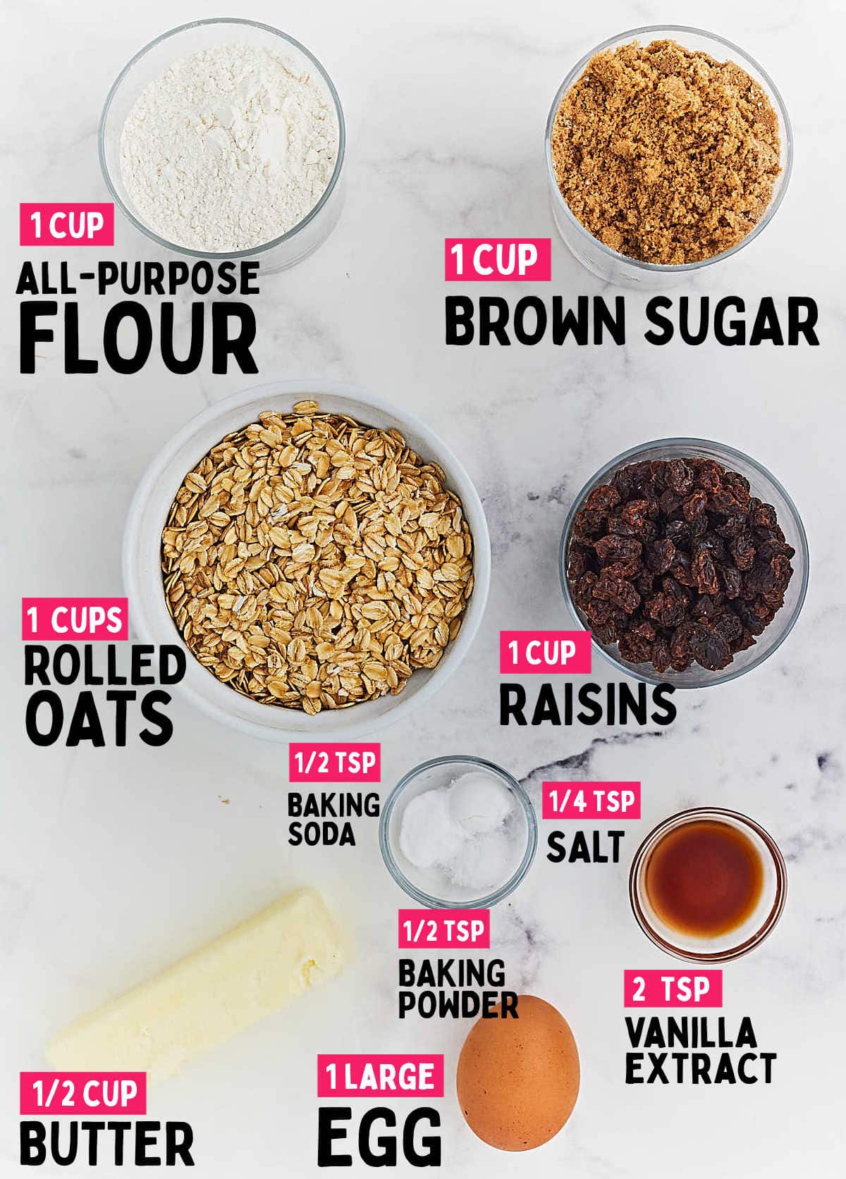 Ingredients needed to make Oatmeal Raisin Cookies.