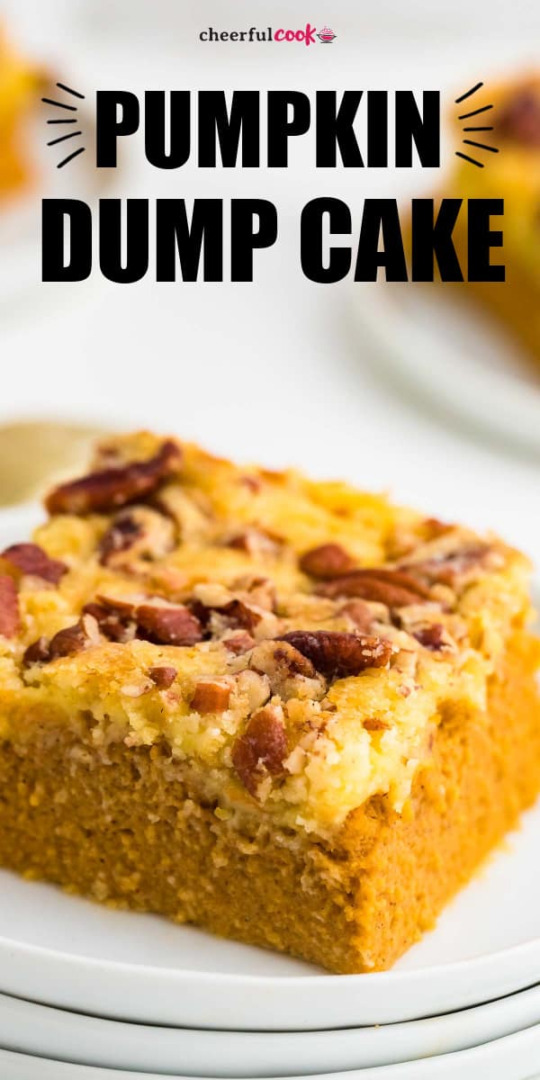 Perfectly spiced, moist, and creamy Pumpkin Dump Cake is the perfect dessert to make this holiday season! Make it as a simple weeknight treat or bring it to potlucks, parties, and get-togethers. It's a real crowdpleaser that takes little time and effort. A win-win for the holidays. #cheerfulcook #pumpkindumpcake #dumpcake via @cheerfulcook