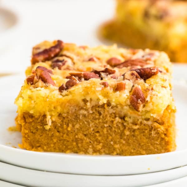 A slice of freshly baked Pumpkin Dump Cake.