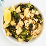 Closeup of a bowl of Roasted Broccoli and Cauliflower.
