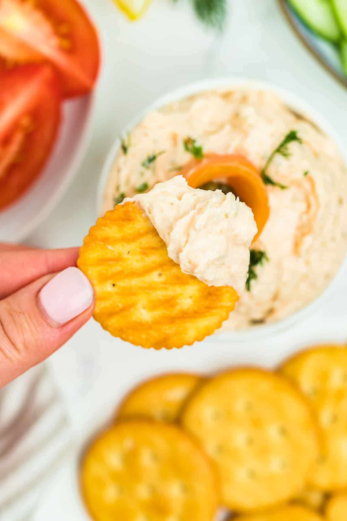 Closeup of a cracker dipping in Smoked Salmon Dip.
