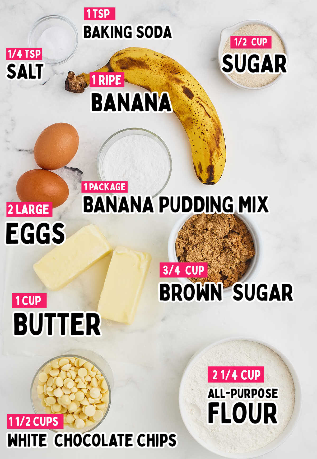 Ingredients needed to make Banana Pudding Cookies.
