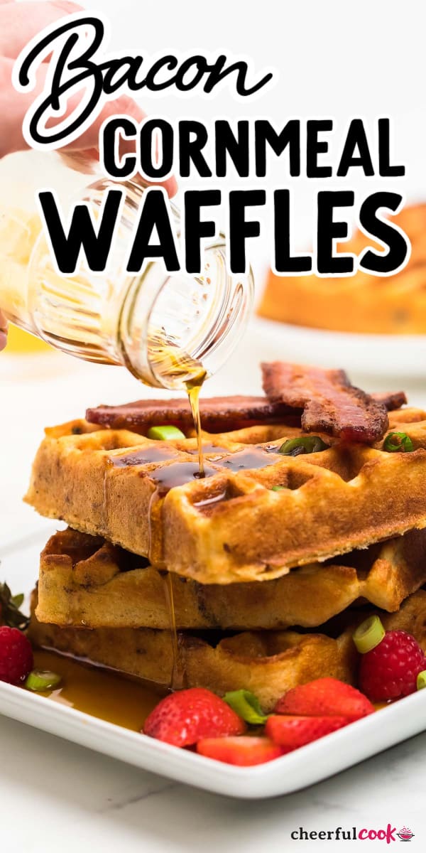 Get ready to have the most delicious breakfast of your life! These gorgeous CORNMEAL WAFFLES are made with cornmeal, bacon, buttermilk, and maple syrup. What more could you ask for in a wholesome, homemade breakfast? #cheerfulcook #breakfast #waffles #cornmealwaffles #recipe via @cheerfulcook
