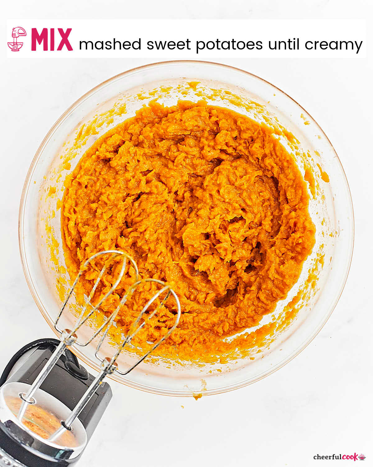 Process Step: Use a mixer to blend the mashed sweet potatoes.
