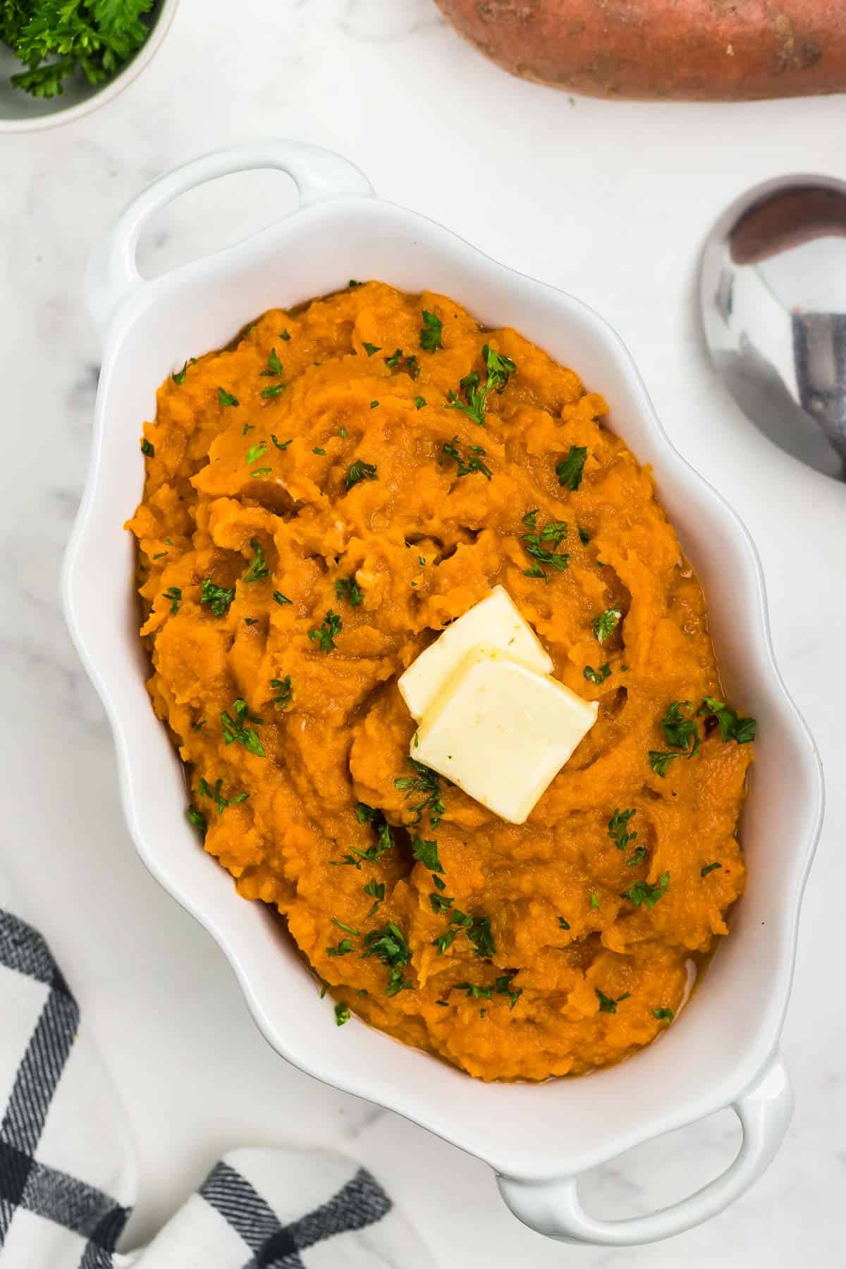 top down view of a bowl of the mashed sweet potatoes