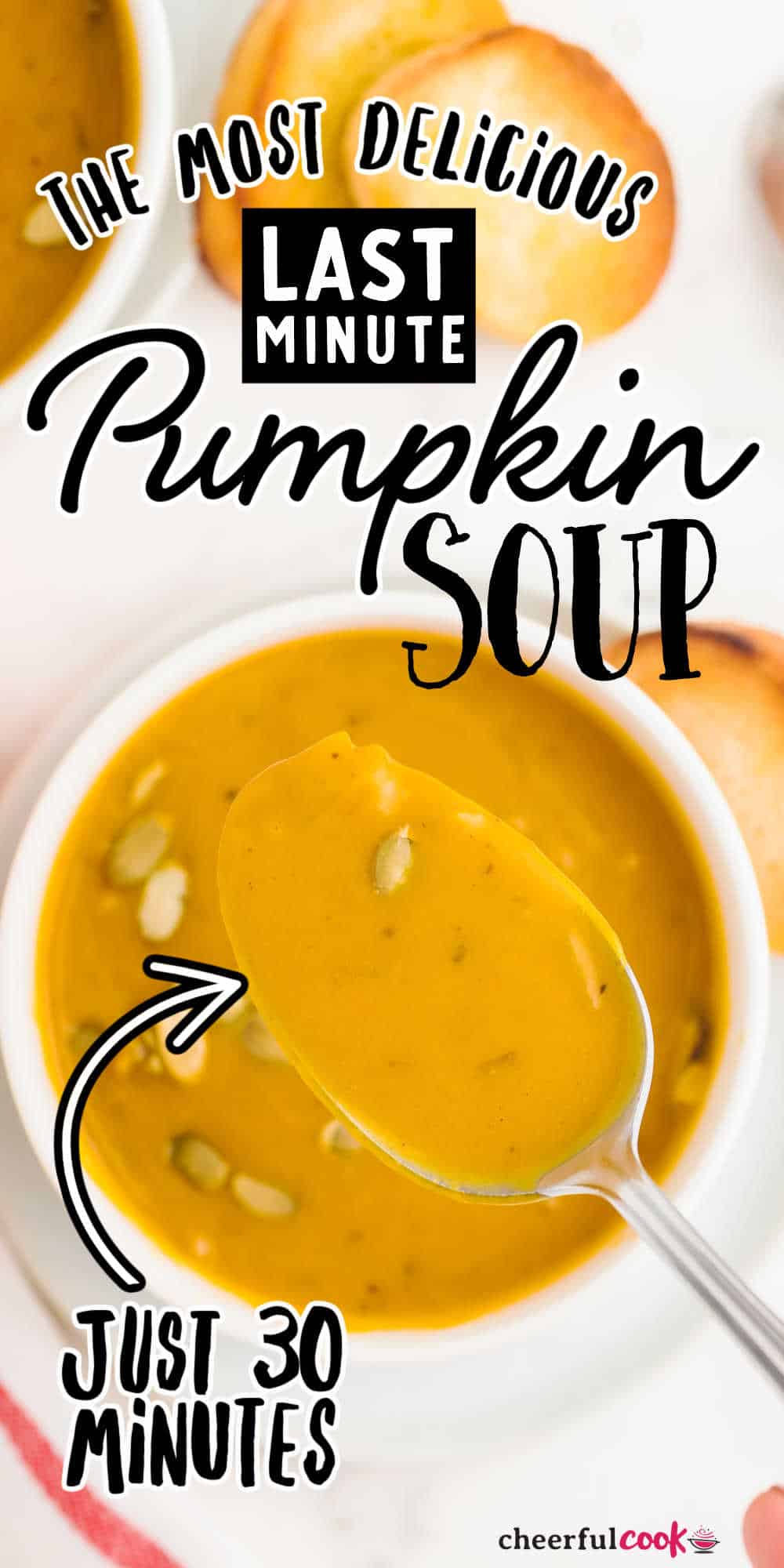 A deliciously creamy, gently spiced Pumpkin Soup that is ready in about 30 minutes. This is last minute recipe you'll want to make again and again. #cheerfulcook #pumpkin #pumpkinsoup #soup #30minutes #creamy #Chinese5spice via @cheerfulcook