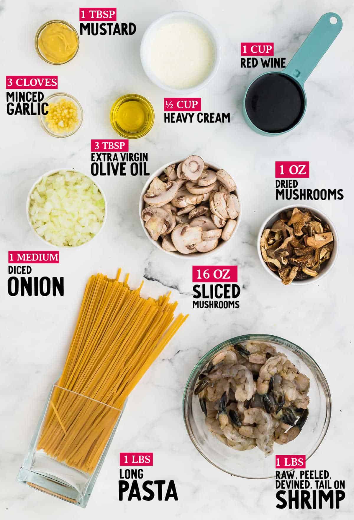 ingredients needed to make creamy shrimp and mushroom pasta
