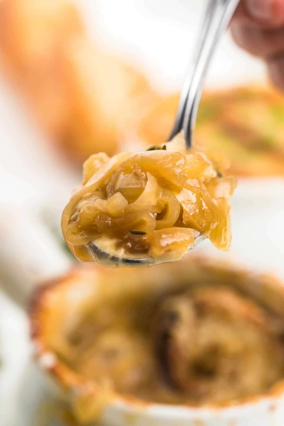 a spoonful of French Onion Soup