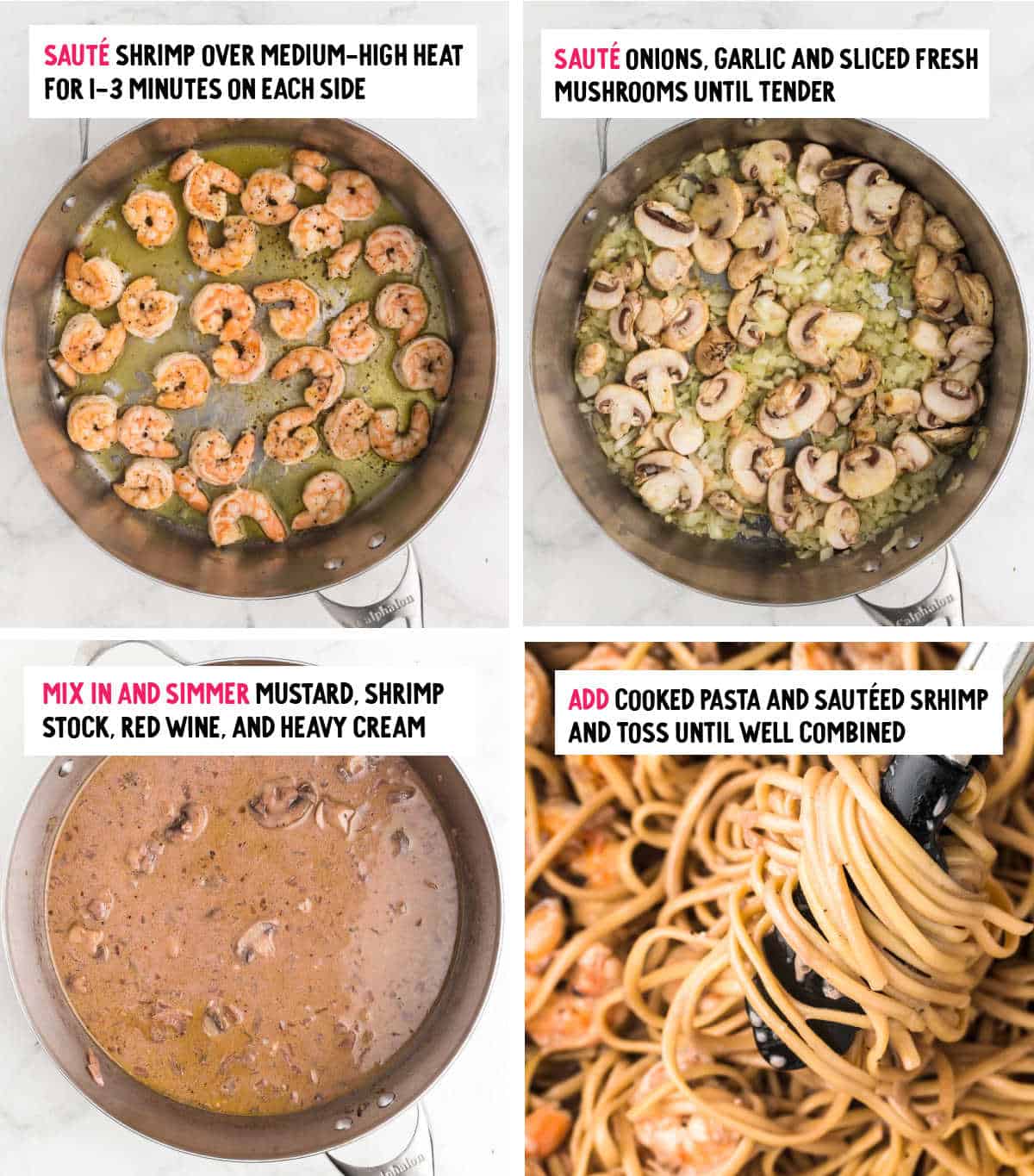 Collage of process images showing how to make this creamy mushroom and shrimp recipe.