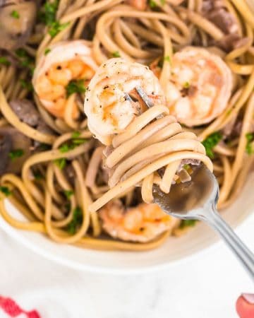 a closeup of a forkful of creamy shrimp and mushroom pasta