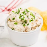 homemade French Onion Dip in a white bowl