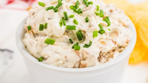 homemade French Onion Dip in a white bowl
