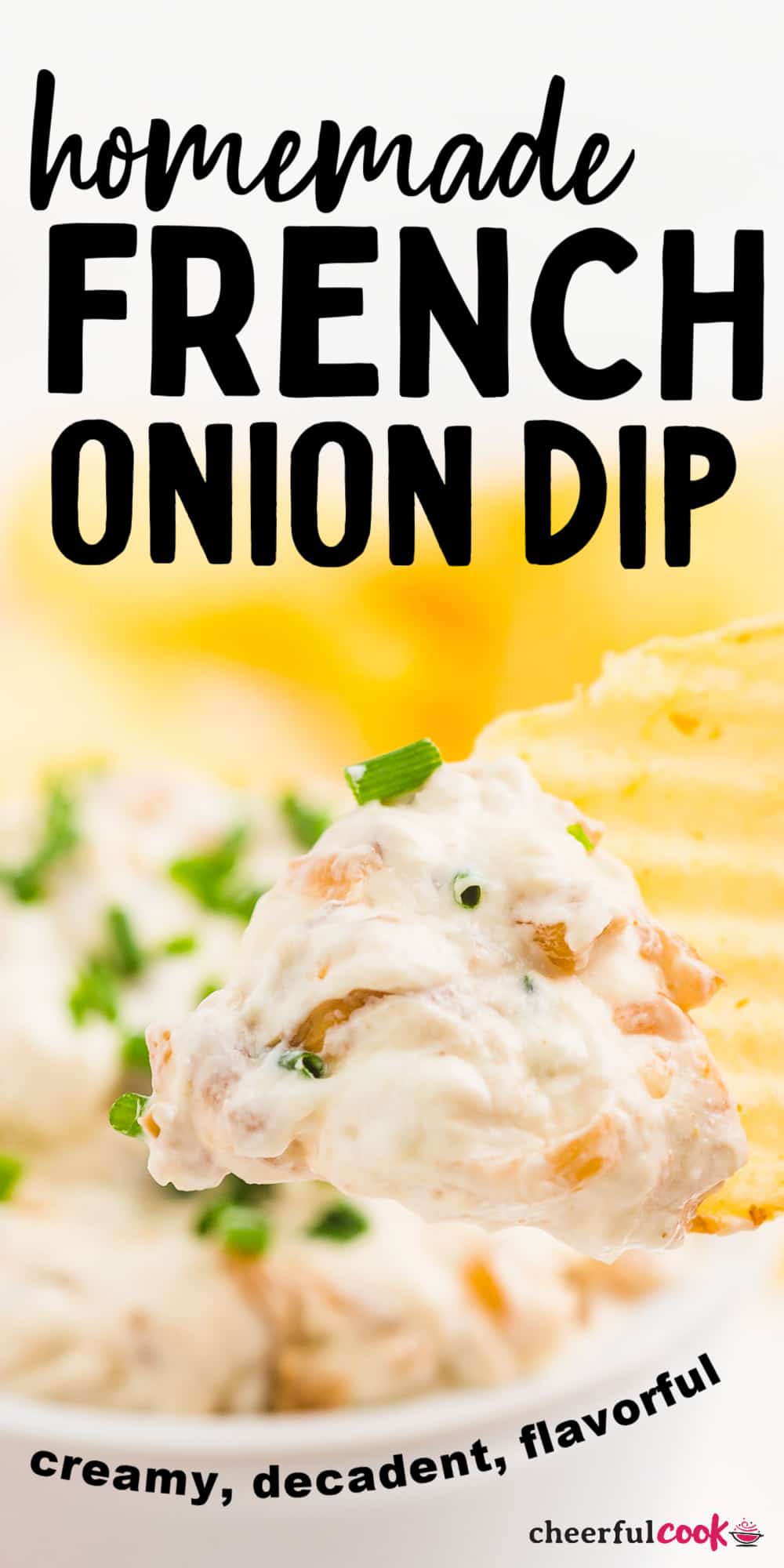This classic dip will quickly become your new favorite appetizer recipe! It's creamy, sweet, tangy, and full of flavor from caramelized onions. A versatile dish that pairs well with everything from veggies to chips! #cheerfulcook #dip #frenchonion #recipe #easy via @cheerfulcook