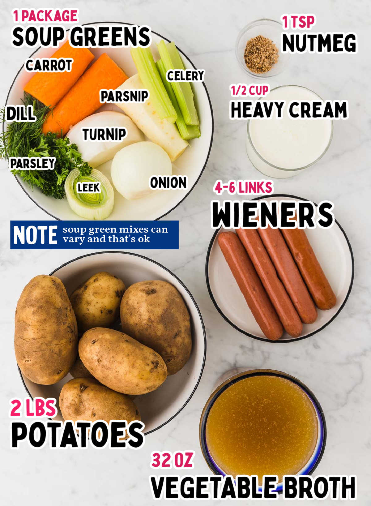 Ingredients needed to make classic German Potato Soup (Kartoffelsuppe).