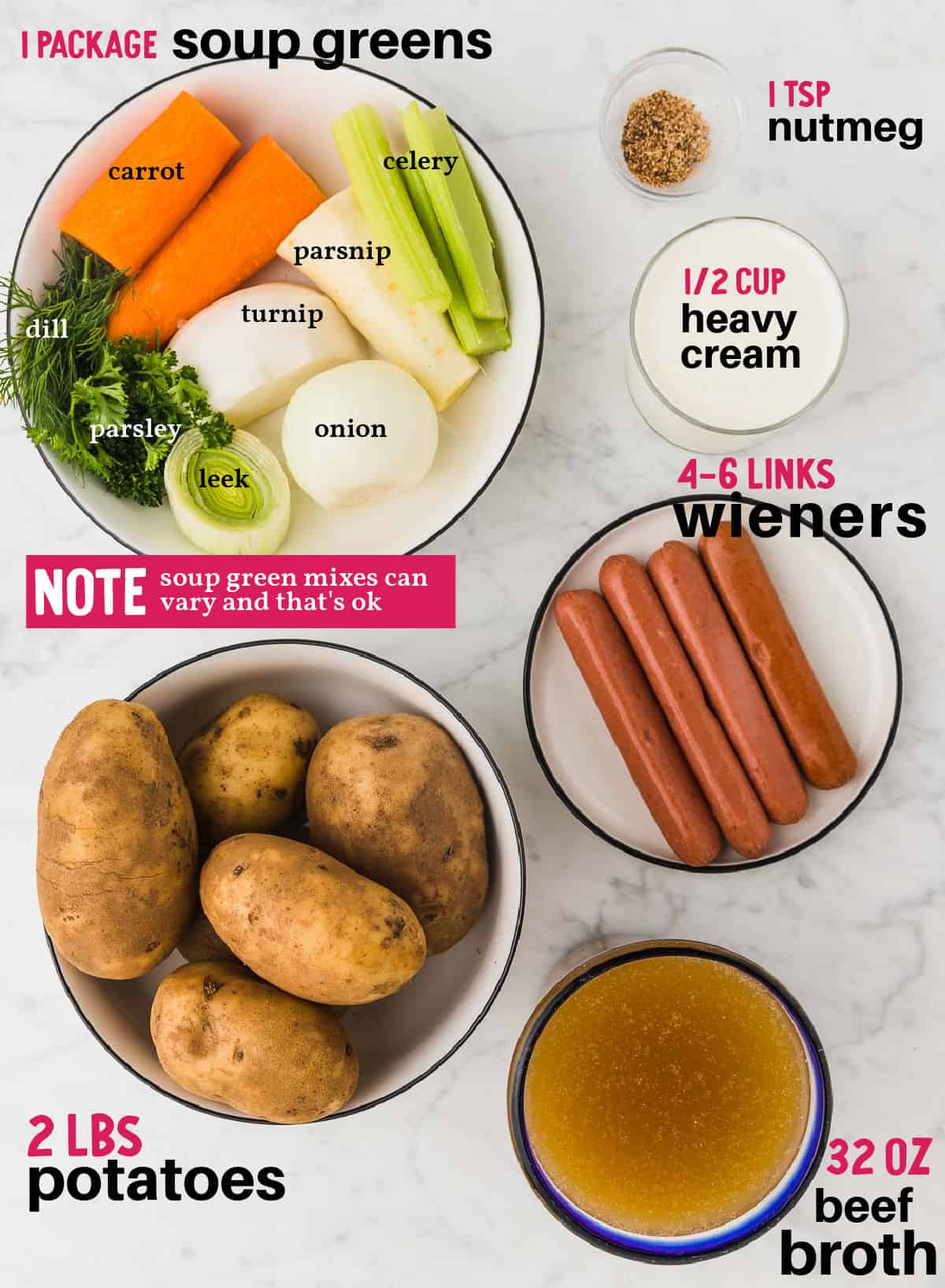 Ingredients needed to make classic German Potato Soup (Kartoffelsuppe).