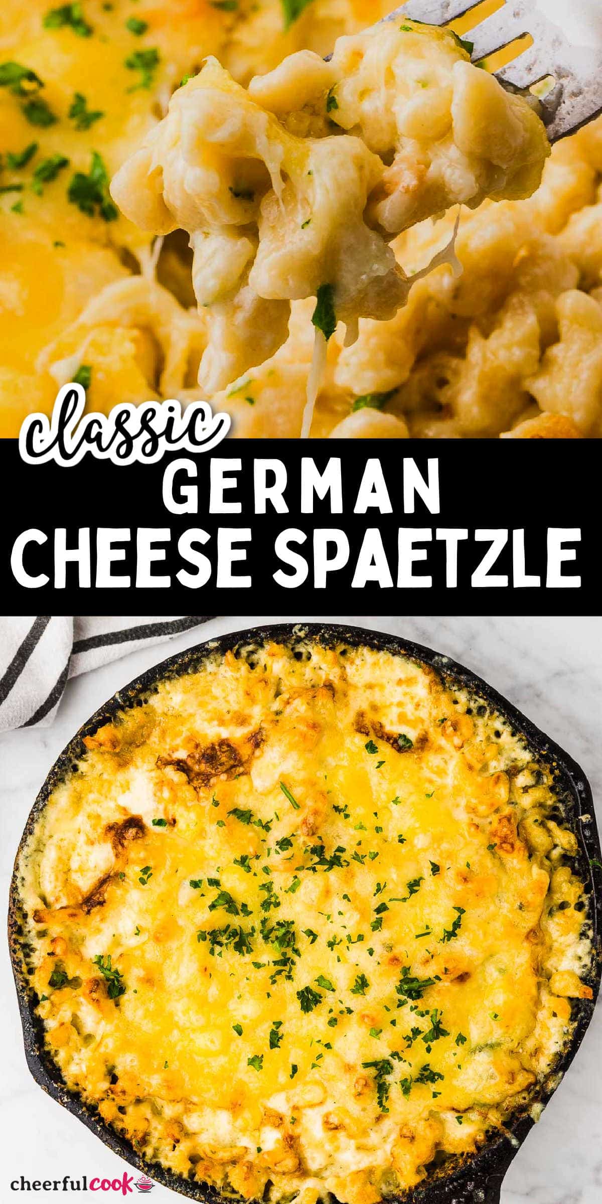 Cheese Spaetzle (Käsespätzle) are Germany's answer to American mac and cheese! This mouthwatering classic German recipe is made with homemade egg noodles that are cooked to perfection in a creamy cheese sauce. This recipe is delicious all year long and a must-have for Oktoberfest. #cheerfulcook #cheesespaetzle #kasespatzle #German #Oktoberfest #recipe #spaezle via @cheerfulcook