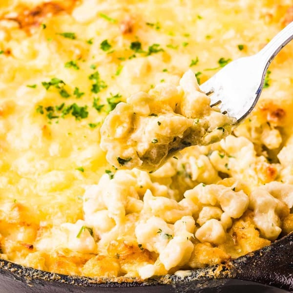 A forkful of freshly cooked German Cheese Spaetzle.